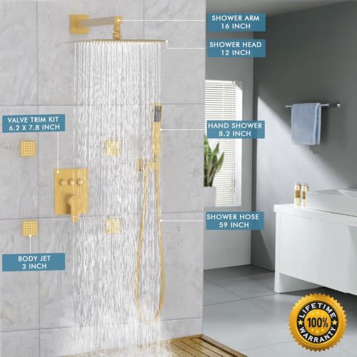 Shower System with Body Jets,Bostingner 12" Rain Shower and Handheld, Can Use All Spray at A Time,Wall Mount Push Button Shower Faucet Set with Valve and Trim Kit Included,Brushed Gold - color: Gold, size: 12 Inch