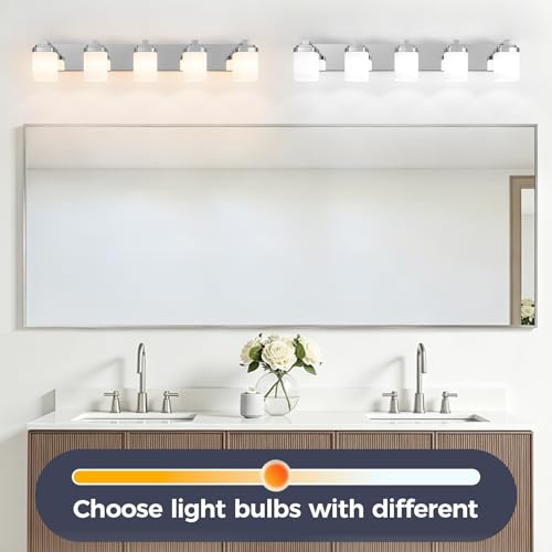 36.5 Inches Bathroom Vanity Light, 5-Light Chrome Bathroom Light Fixtures Over Mirror, Bathroom Light Shower Lamp with Milky White Square Glass Shade, Modern Farmhouse Lighting Fixtures - color: Chrome, size: 36.5 Inch : 5-lights