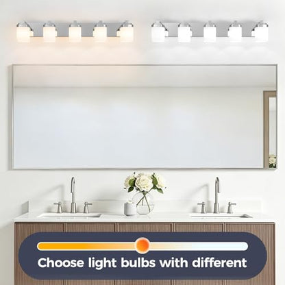 36.5 Inches Bathroom Vanity Light, 5-Light Chrome Bathroom Light Fixtures Over Mirror, Bathroom Light Shower Lamp with Milky White Square Glass Shade, Modern Farmhouse Lighting Fixtures - color: Chrome, size: 36.5 Inch : 5-lights