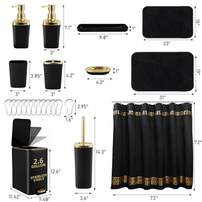 XLHOMO Bathroom Sets with Shower Curtain and Rugs Black Bathroom Accessories Bathroom Set,Soap Dispenser & Toilet Brush Holder Set with Stainless Steel Trash Can - size: Black, style: Bath Set+Shower Curtain+Bath Rugs