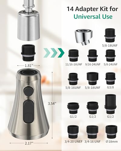 Mbillion Universal Brushed Nickel Kitchen Faucet Sprayer Head Replacement | 3 Function ABS Sink Faucet Head, Pull-Down Nozzle with 14 Adapters, Compatible with Moen,Delta,Kohler,WEWE American Standard - color: Brushed Nickel