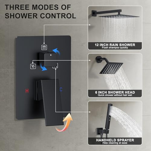 Rain Shower System 12" & 6" Dual Shower Heads, Wall Mount Shower Faucet Set | Ideal for bathroom remodels and upgrades with 12" rain shower, 6" angled shower, handheld spray and complete valve kit. - color: Matte Black, size: Wall Mounted - 12"+6" Shower