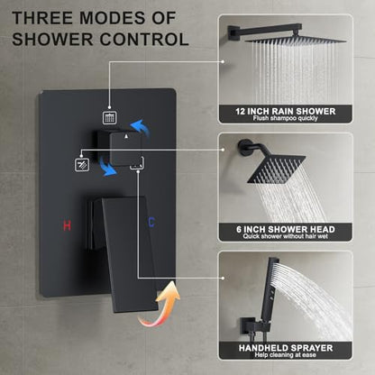 Rain Shower System 12" & 6" Dual Shower Heads, Wall Mount Shower Faucet Set | Ideal for bathroom remodels and upgrades with 12" rain shower, 6" angled shower, handheld spray and complete valve kit. - color: Matte Black, size: Wall Mounted - 12"+6" Shower