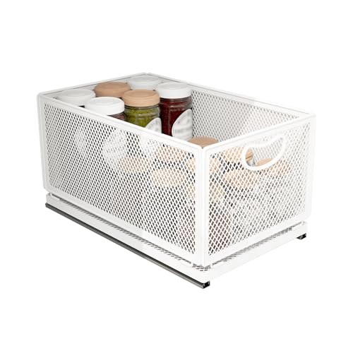 Sliding Cabinet Basket Organizer Drawer Self Adhesive Slide out Pantry Shelves Heavy Duty Carbon Steel Slide Cabinet Storage Basket with Handle for Bathroom Kitchen Home - size: Extended Large