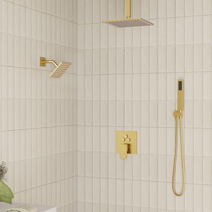 Gold Shower Faucet Set, Brushed Gold Shower System, 10'' Ceiling Shower Head and 6'' Wall Mounted ShowerHead, Dual Gold Shower Head with Handheld Combo, 3 In 1 Push Button Shower Diverter Valve - color: Brushed Gold