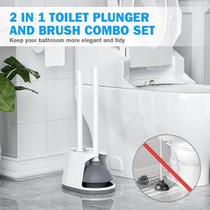 Toilet Plunger and Brush Set, 2 Pack Silicone Bowl Brush and Heavy Duty Toilet Plunger with Ventilated Holder, 2-in-1 Toilet Brush and Plunger Combo for Bathroom Deeply Cleaning (White & Grey)