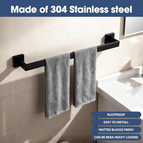 23.6 Inch Matte Black Bathroom Towel Bar Set, 2-Piece Square Wall Mounted Towel Rack, Wall Mounted 304 Stainless Steel Towel Holder for Bathroom - color: Matte Black, size: 2 pack