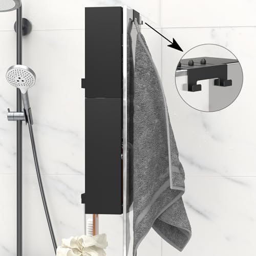 Over the Glass Shower Caddy Hanging, 2 Tier Stainless Steel Rustproof Shower Organizer Over Door with Removeable 4 Hooks & 2 Suction Cup, Bathroom Organizers and Storage Rack, Bathroom Decor - Black