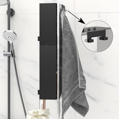 Over the Glass Shower Caddy Hanging, 2 Tier Stainless Steel Rustproof Shower Organizer Over Door with Removeable 4 Hooks & 2 Suction Cup, Bathroom Organizers and Storage Rack, Bathroom Decor - Black