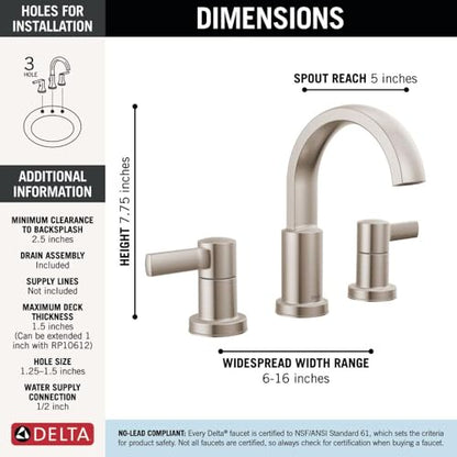 Delta Albion Brushed Nickel Bathroom Faucet 3 Hole, 8 Inch Widespread Bathroom Sink Faucet for Vanity, Metal Push-Pop Drain Assembly, SpotShield Brushed Nickel 35855LF-SP - color: Spotshield Stainless