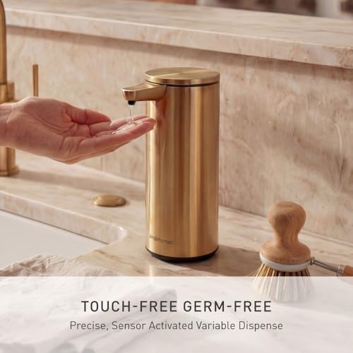simplehuman Liquid Sensor Pump, 9 oz Automatic Soap Dispenser for Kitchen and Bathroom, Touchless Motion Sensor, Variable Dispense, Rechargeable, No-Drip Spout, High-Grade Brass Stainless Steel - color: Brass, style: 9 Oz.