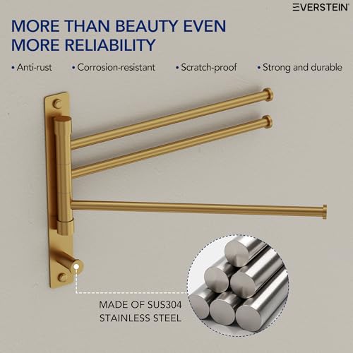 Swivel Towel Rack, Brushed Gold, 12.5 in, 3-Arm Towel Bar | 304 Stainless Steel, Space Saving, Wall Mounted, With Hook - color: Brushed Gold