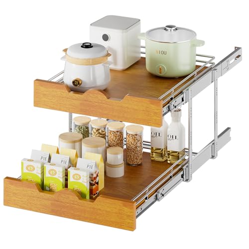 DINDON 2 Tier Pull Out Cabinet Organizer (20" W x 21" D) Slide Out Wood Shelf Double Tier Kitchen Wire Basket with Chrome Finish… - size: 20'' W X 21'' D