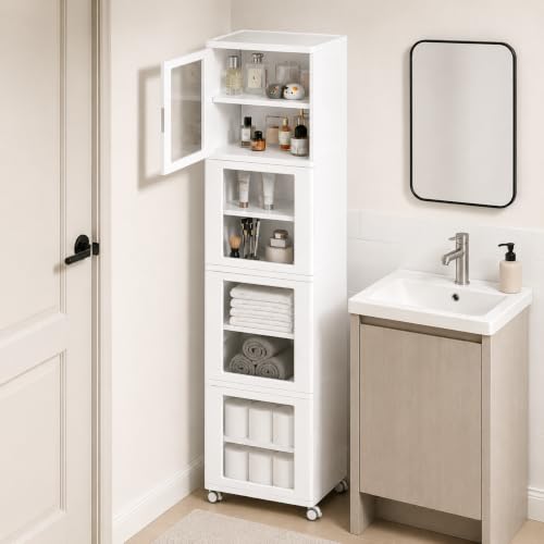 Vtopmart 63.2" Tall Slim Bathroom Storage Cabinet with 4 Adjustable Shelves and 4 Doors, Freestanding Cabinets Organizer with Wheels and Anti-tip for Laundry, Kitchen, Pantry, White