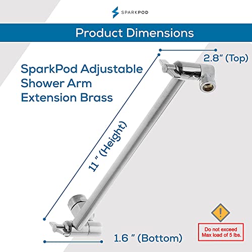 SparkPod 11" Extension Arm, Adjustable Height & Angle, Polished Chrome | Adjustable Height & Angle, Sturdy Lock, Universal Connection, Transform your showers into rain shower experience - color: 1 - Luxury Polished Chrome, style: 11 Inch Adjustable