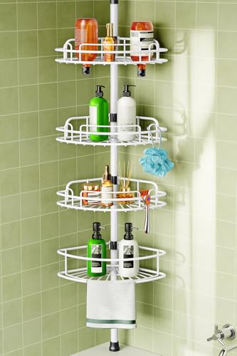 HAMITOR Corner Shower Caddy Tension Pole: Rustproof Bathroom Organizer Shelves for Bathtub Shampoo Accessories Storage Holder - 47.72-123.6 Inch Adjust - White - color: White