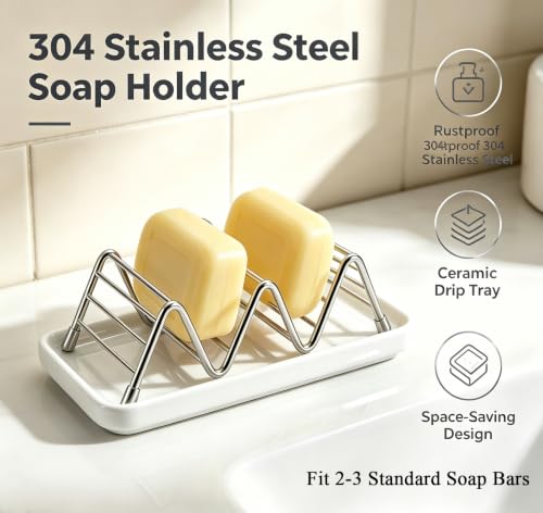 Heavy Weight 3.28oz Soap Dish with Removable Ceramic Drain Tray, 304 Stainless Steel Rustproof Self Draining Holder, Ideal for Regular Bar Soap, Bathroom Kitchen Sink, Creamy White Style No.1 - color: Creamy White