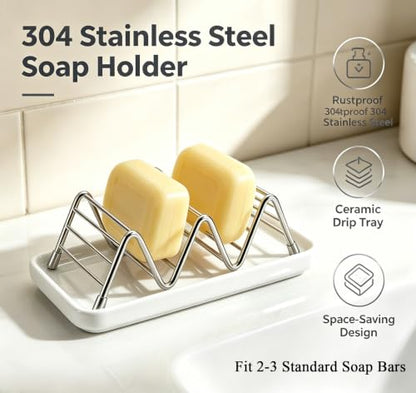 Heavy Weight 3.28oz Soap Dish with Removable Ceramic Drain Tray, 304 Stainless Steel Rustproof Self Draining Holder, Ideal for Regular Bar Soap, Bathroom Kitchen Sink, Creamy White Style No.1 - color: Creamy White