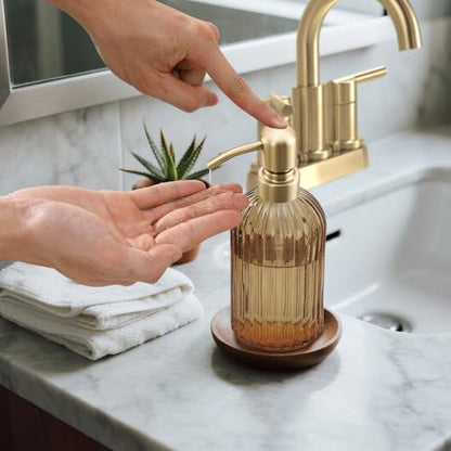 16 OZ Amber Glass Soap Dispenser, Amber Stripe Bathroom Hand Soap Dispensers with Stainless Steel Brushed Gold Pump,Brown Glass Kitchen Hand Soap Dispenser with Brushed Gold Pump - color: Brushed Gold + Amber, size: 1-Pack