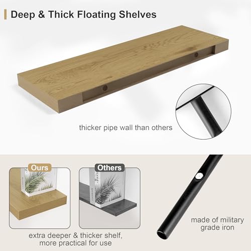 Heimlove 12" Deep Oak Floating Shelves,Over Toilet Long Wall Mounted Modern Farmhouse 36 inches,Wall Shelves with Invisible Brackets for Bedroom, Bathroom, Living Room, Kitchen, Set of 1 - color: Oak, size: 35.4"W x 11.6"D x 2"H, 1 Pack