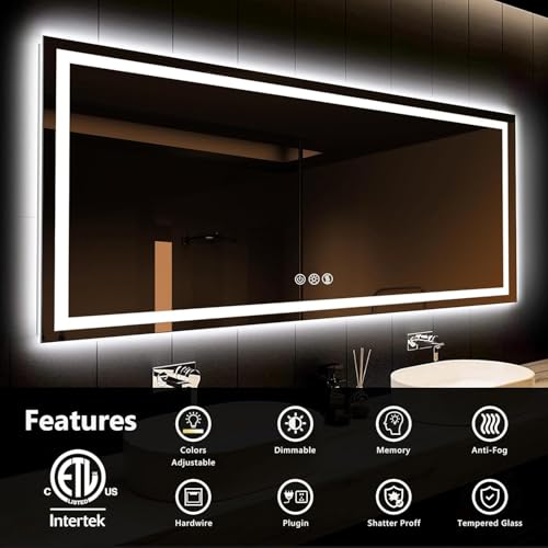 ROOMTEC 88x38 Inches LED Bathroom Mirror with Lights, Vanity Mirror with Front and Backlight, Smart Dimmable Anti-Fog LED Mirror for Bathroom, Memory Function, Tempered Glass (Horizontal) - size: 88"L x 38"W
