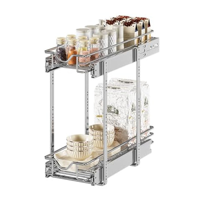 DINDON Pull Out Cabinet Organizer (7-1/2" W x 21-1/2"D), Cabinet Pull Out Shelves, 2 Tier Pull Out Drawers for Kitchen Cabinets, Wire Basket Slide Out Shelf for Cabinet Organization - size: 7-1/2" W X 21-1/2" D