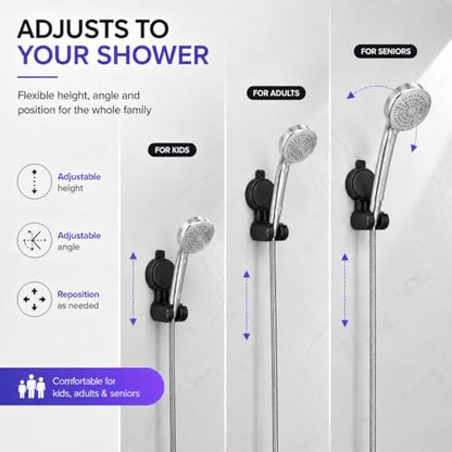 Suction Cup Shower Head Holder, Black, Adjustable, No Drill | Strong Suction Hold, Removable No-Drill Mount, Adjustable Angle for Smooth Tile, Glass, Marble and Metal Surfaces - style: Matte Black-L
