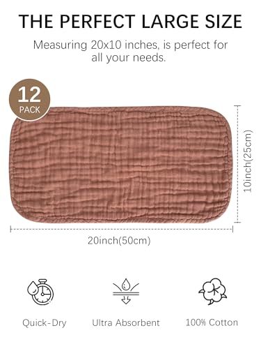 Lovely Care 12 Pack Muslin Burp Cloths 100% Cotton Muslin Cloths Large 20''x10'' Extra Soft and Absorbent Baby Burping Cloth - Boho Neutrals - color: Boho Neutrals, size: 10x20 Inch (Pack of 12)