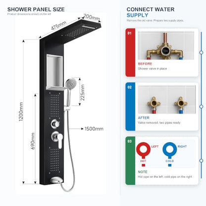 Shower Panel System, Multi-Function Shower Tower With 4 Body Spray, 5 Handheld Settings, Shelf & Adjustable Height, Rainfall + Waterfall Shower Head