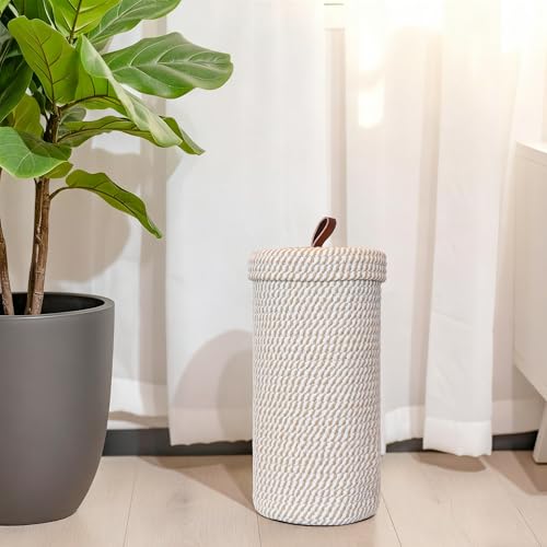 Toilet Paper Holder Handmade – Woven Cotton Toilet Paper Stand & Storage Basket with Lid, Freestanding Organizer for Bathroom, Fits 3 Mega Rolls Gradient Brown 14'' x 7'' - color: Cream Brown