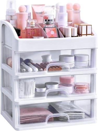 Makeup Organizer with 3 Drawers, Bathroom Vanity Countertop Storage for Cosmetics, Brushes, Lotion, Nail Lipstick and Jewelry (White) - color: White