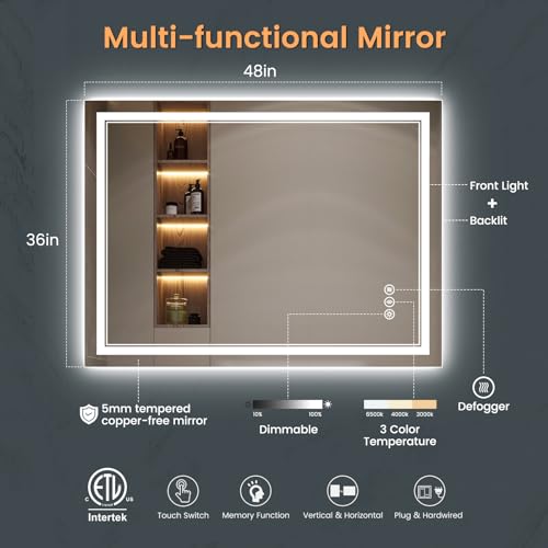 Upgraded Led Bathroom Mirror with Front and Backlit, 48x36 Inch Led Mirror for Bathroom, Anti-Fog, Acrylic Side, Top Tempered Glass, Dimmable, Rotatable Led Bathroom Vanity Mirror - size: 48"L x 36"W