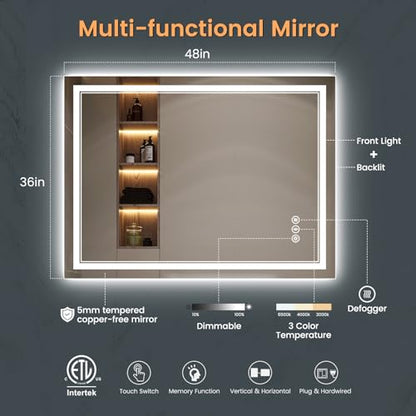 Upgraded Led Bathroom Mirror with Front and Backlit, 48x36 Inch Led Mirror for Bathroom, Anti-Fog, Acrylic Side, Top Tempered Glass, Dimmable, Rotatable Led Bathroom Vanity Mirror - size: 48"L x 36"W