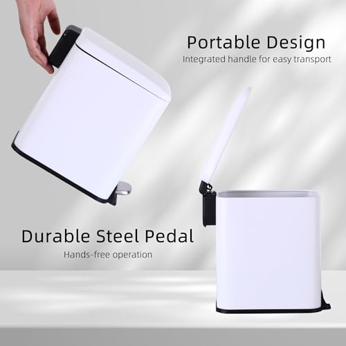 Small Bathroom Trash Can with Lid, 5 Liter/1.3 Gallon Stainless Steel Small Garbage Can with Removable Inner Bucket & Soft-Close Foot Pedal, Slim Trash Can for Bathroom, Bedroom, Office (White) - color: White, size: 1 Pack