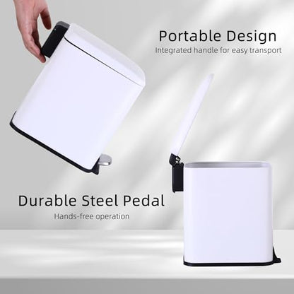 Small Bathroom Trash Can with Lid, 5 Liter/1.3 Gallon Stainless Steel Small Garbage Can with Removable Inner Bucket & Soft-Close Foot Pedal, Slim Trash Can for Bathroom, Bedroom, Office (White) - color: White, size: 1 Pack