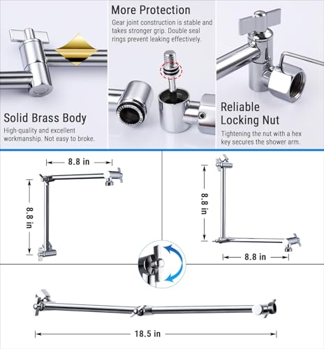 G-Promise 18 Inch Solid Brass Shower Head Extension Arm (Chrome) | Rise or Lower Shower Head, All Metal, Height & Angle Adjustable Extender, Firmly Secure Shower Head, Easy Install - color: Chrome