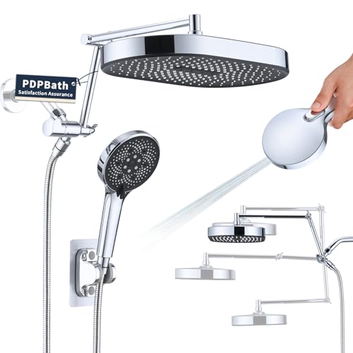 PDPBath 14 Inch Rain Shower Head with 5+1 Settings Handheld Spray Combo, High Pressure Rainfall Shower Head with 16'' Upgrade Adjustable Extension Arm, 79" Extra Long Hose, 3-Way Diverter, Chrome - color: Chrome