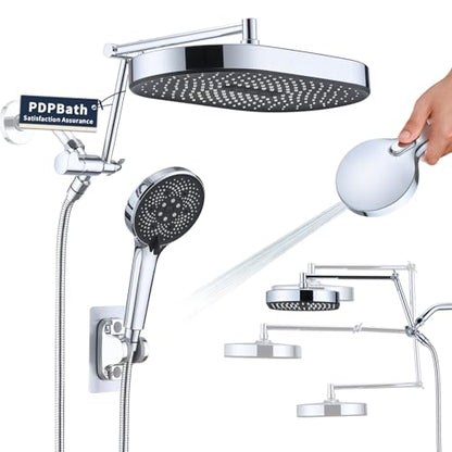 PDPBath 14 Inch Rain Shower Head with 5+1 Settings Handheld Spray Combo, High Pressure Rainfall Shower Head with 16'' Upgrade Adjustable Extension Arm, 79" Extra Long Hose, 3-Way Diverter, Chrome - color: Chrome