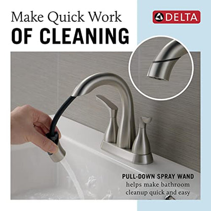 Delta Broadmoor Centerset Brushed Nickel Bathroom Faucet with Sprayer, 4 Inch 3 Hole Bathroom Sink Faucet with Pull Out Sprayer, Push-Pop Drain, Stainless 25765LF-SSPD - color: SpotShield Stainless