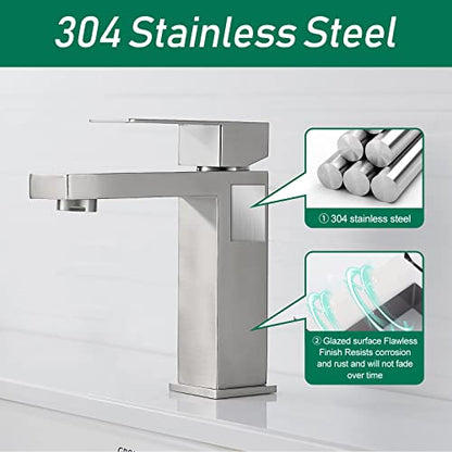 VOTON Brushed Nickel Bathroom Faucets Single Handle Modern Vanity Sink Faucet 1 Hole or 3 Hole with Deck Plate and Water Supply Hoses, Stainless Steel Bathroom Faucet Lead-Free - color: B-Brushed Nickel, style: Without Drain