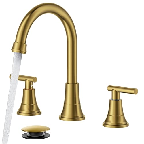 FORIOUS Gold Bathroom facuet 3 Hole, 8 Inch Wide Gold Vanity Faucet 3 Holes | 8 Inch Widespread Bathroom Faucet 3 hole Vanity and 4 Inch Bathroom Faucet Centerset 2 Hole for B2B Commercial, Spare Aerator - color: Brushed Gold, style: Modern