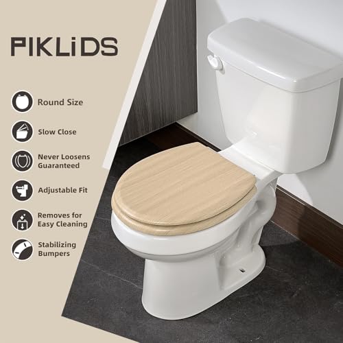 Toilet Seat, Slow Close, Premium Moulded Wood, Quick Release, Nordic Light Oak Look, PIKLiDS, Laminated Woodgrain Finish (Round) - size: Round