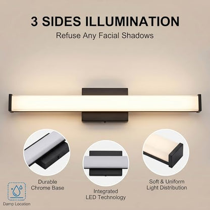 URSOLA 24" Modern LED Bathroom Light Fixtures, Matte Black 3CCT Dimmable Bathroom Vanity Light Over Mirror, Bathroom Vanity Bath Bar Lights with Double Layer Acrylic Shade - color: Matte Black, size: 24inch