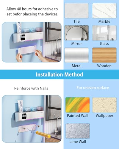 Toothbrush Holders Wall Mounted for Bathrooms, Toothbrush Holder - Smart Home & Bathroom Decor Tooth Brush Holders with 3 Cups, Features a Clock and auto Motion-Activated Night Light - size: Family with Cup