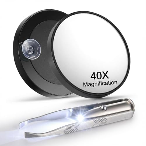 LED Lighted Tweezers & 40X Magnifying Mirror with Suction Cup Set | Portable 2 in 1 Hands-Free Makeup Mirror with Light and Precision Light Up Tweezers, Premium Quality & Ideal Gift Choice