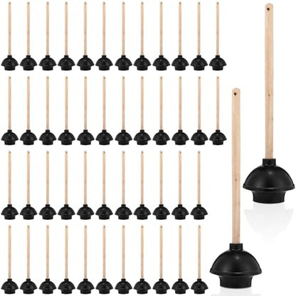 Dandat 48 Pcs Rubber Toilet Plunger with Double Thrust Force Suction Cup Long Wooden Handle Toilet Bowl Plunger Heavy Duty Pump Clogged Solution for Bathroom Stores Restaurants (Black)