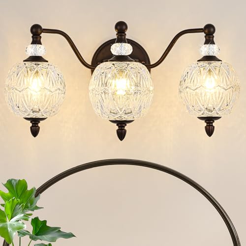 Vintage Bathroom Vanity Light, 3-Light Mid Century Oil Rubbed Bronze Finish Wall Sconce with Globe Glass Shades, Retro Mirror Light for Bathroom, Powder Room - color: Oil-Rubbed Bronze, size: 3 Light