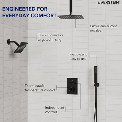 Ceiling Mount 12" High-Pressure Rainfall Shower Faucet, Dual Rainfall Shower Head System with Valve (Matte Black) - color: Black, style: Ceiling Mount