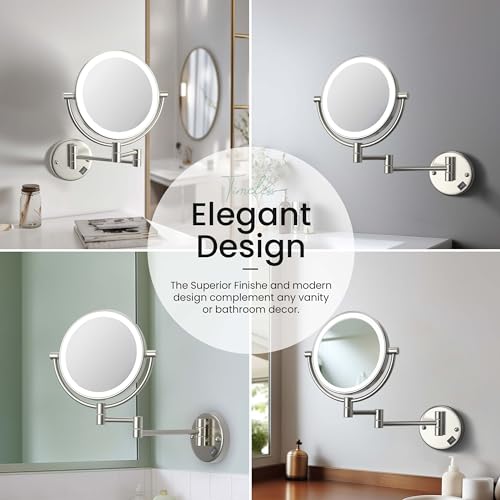 KIBI Circular Wall Mount Makeup Mirror with LED Lights, Dual-Sided 1x/5x Magnifying Mirror with Adjustable Arm, 360° Swivel, Solid Brass Construction for Durability and Style (Brushed Nickel, KMM101) - color: Brushed Nickel
