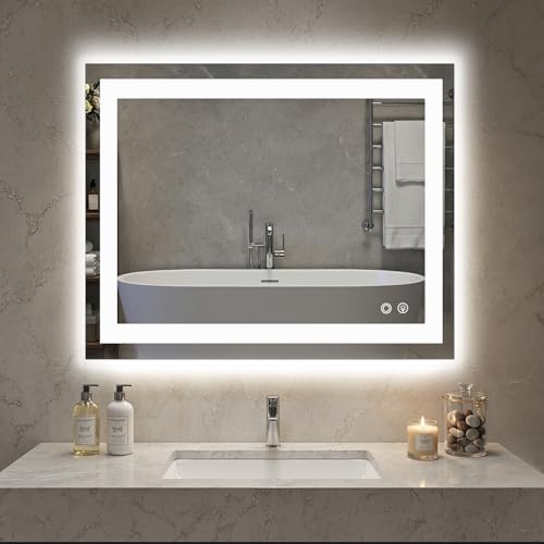NEWBULIG Smart Anti-Fog LED Bathroom Mirror with Front Light & Backlit, 3 Color Modes, Dimmable, Memory Function, Wall-Mounted Modern Rectangular Vanity Mirror, White, 32"x40" - color: Led-white Rect, size: 32"L x 40"W